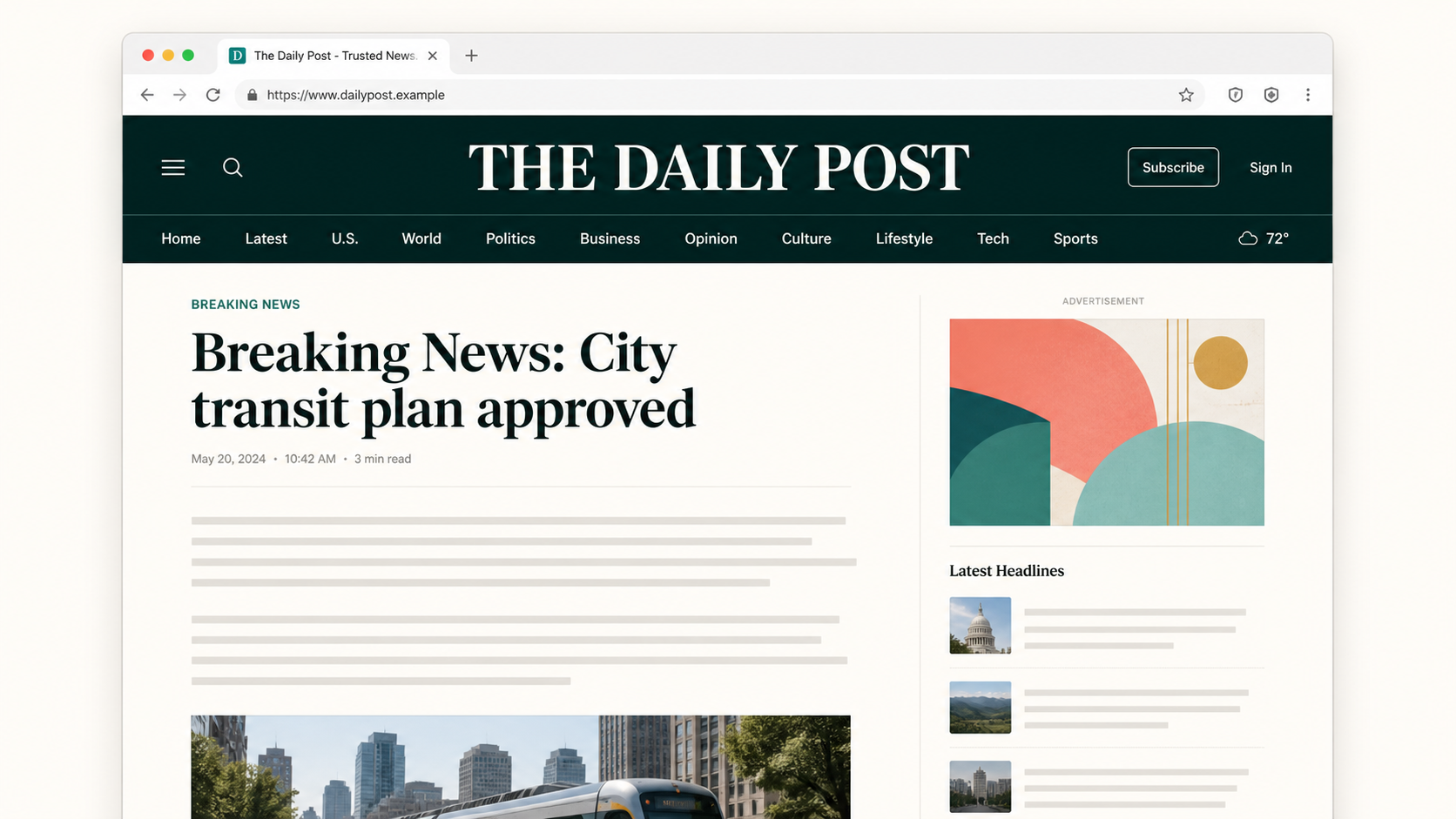 A fictional newspaper website with a breaking-news article and a clearly marked display advertisement in the right column.