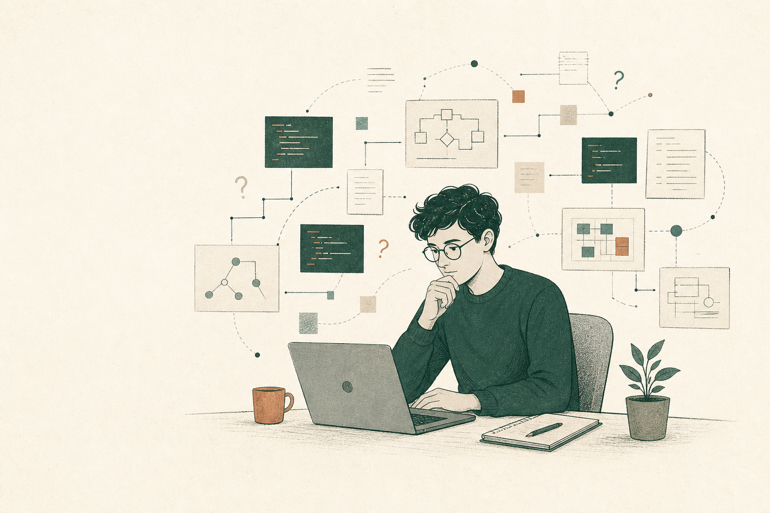 Editorial illustration of a thoughtful developer at a laptop, surrounded by connected code snippets, technical diagrams, documents, and question marks.