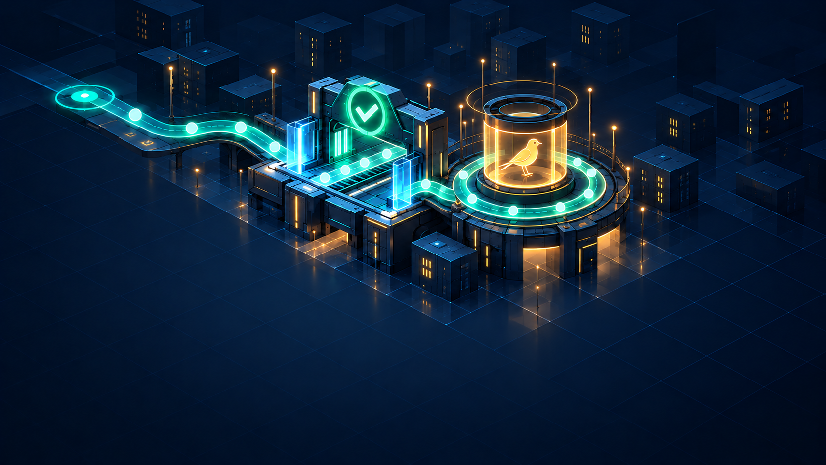 A single glowing workflow passes through a validation gate and continues into a live monitoring loop with a canary signal.