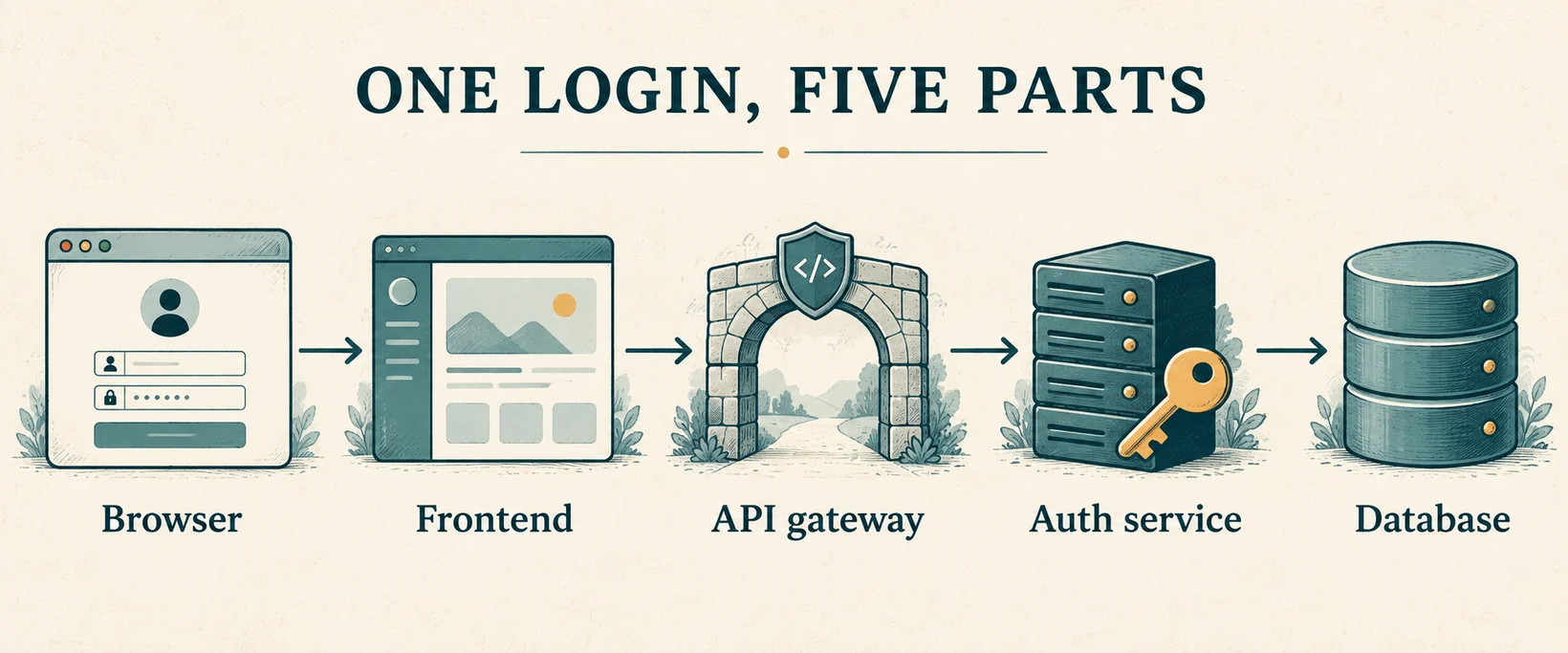 A conceptual login dependency chain: Browser, Frontend, API gateway, Auth service, and Database.