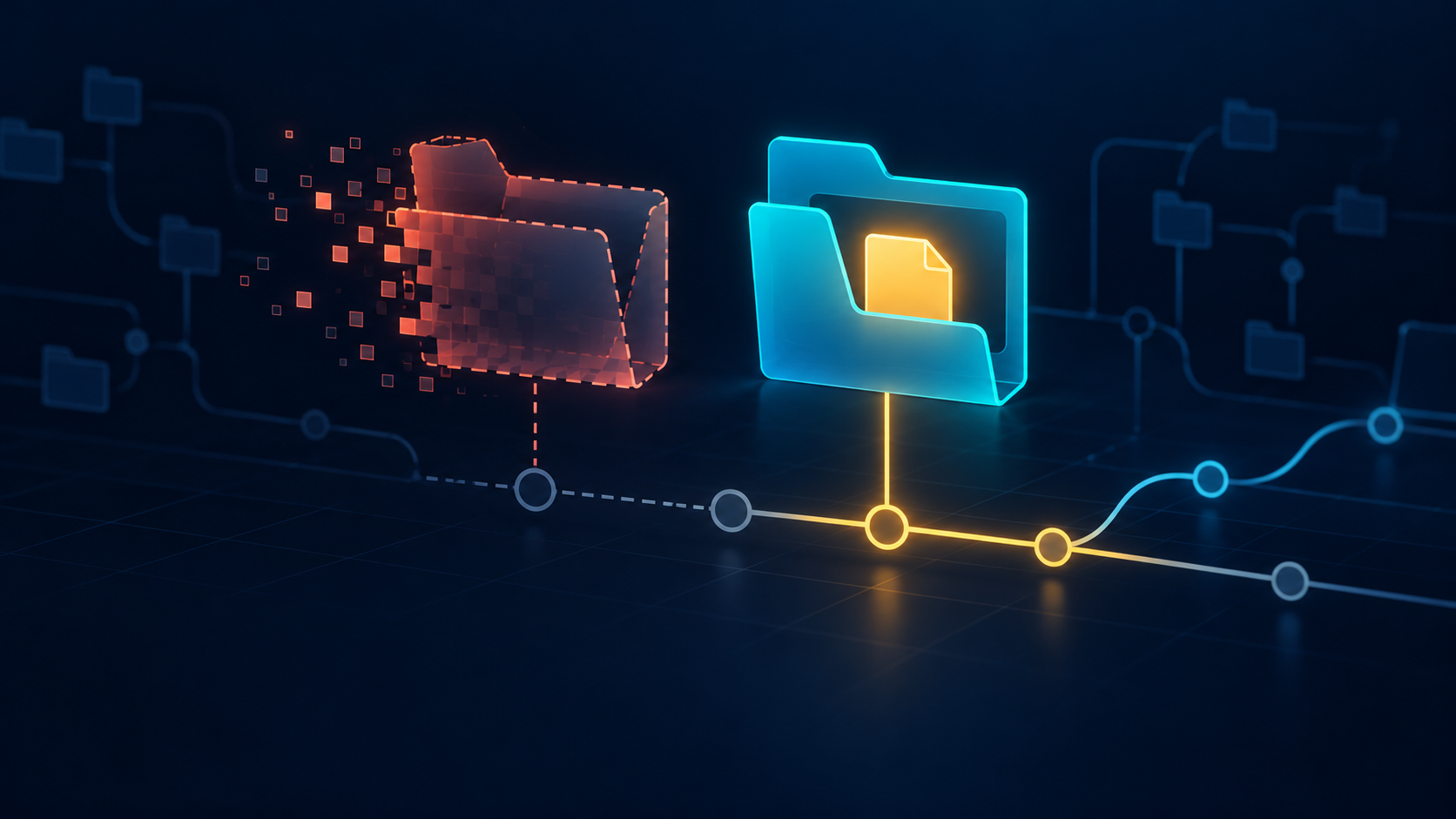 An empty folder dissolves while a folder containing one placeholder file remains connected to version history.