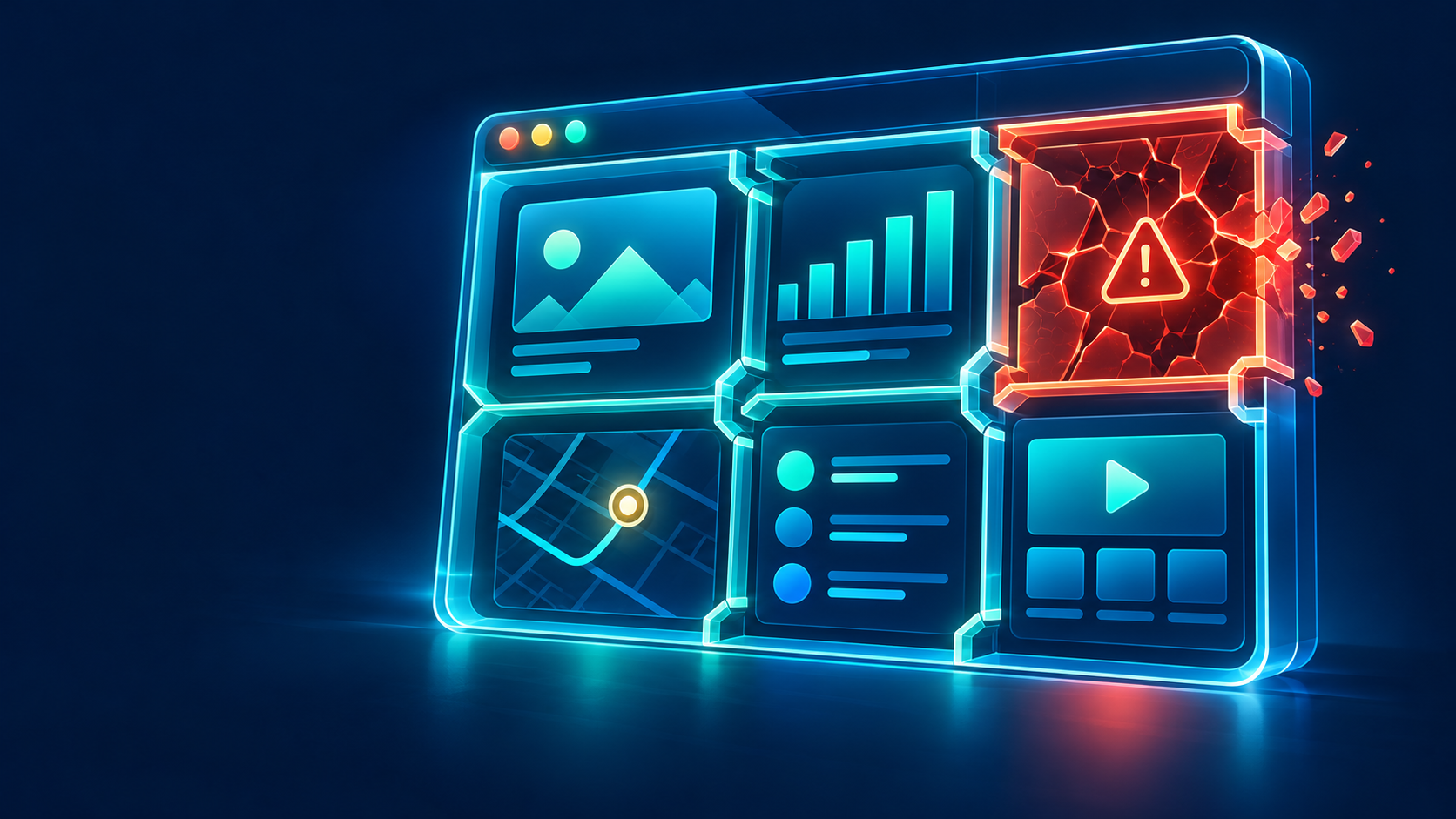 A compartmentalized browser dashboard with one failed panel isolated from functioning panels.