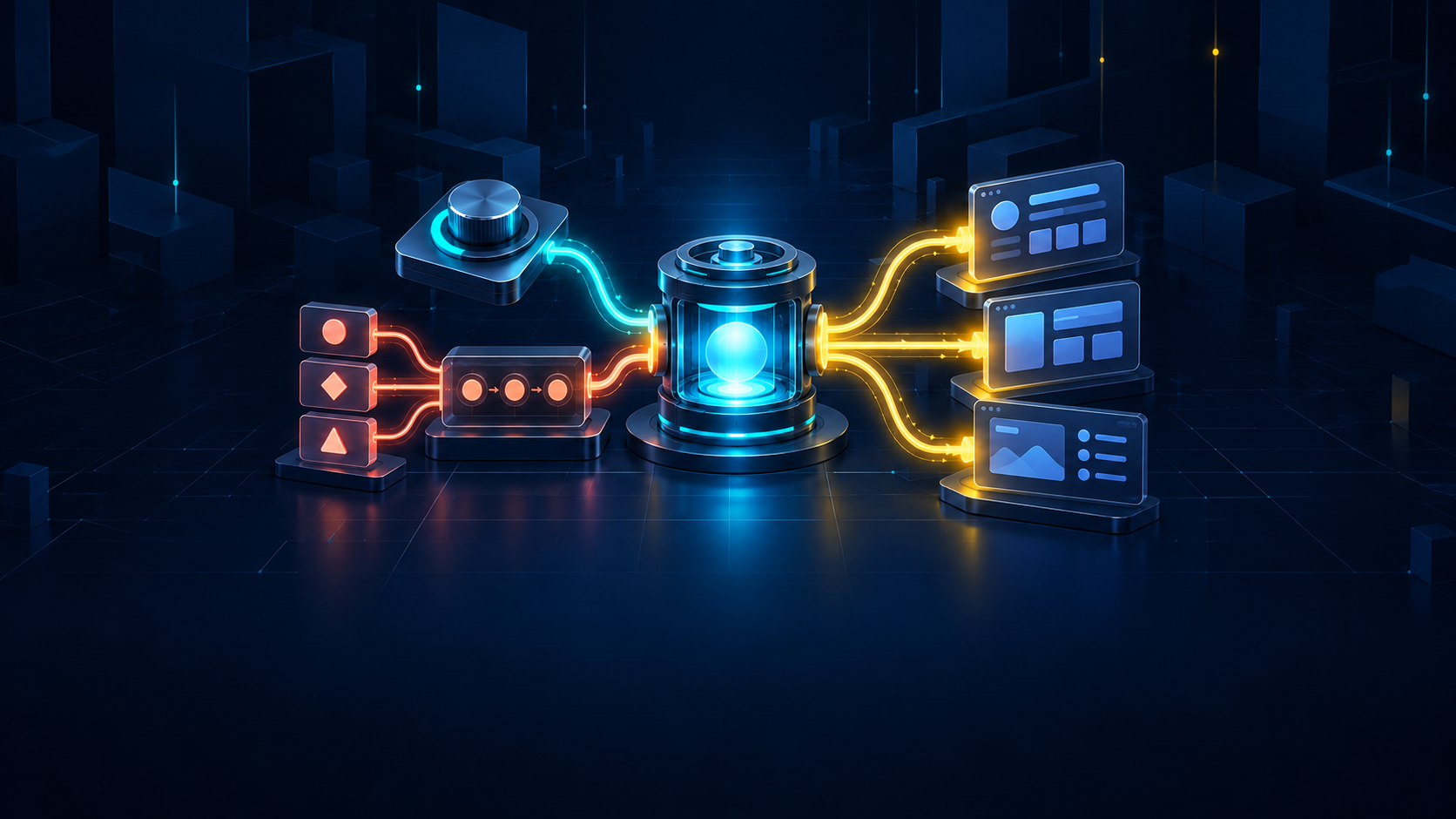 Direct controls and an event-driven transition mechanism update a shared state core that distributes values to component panels.