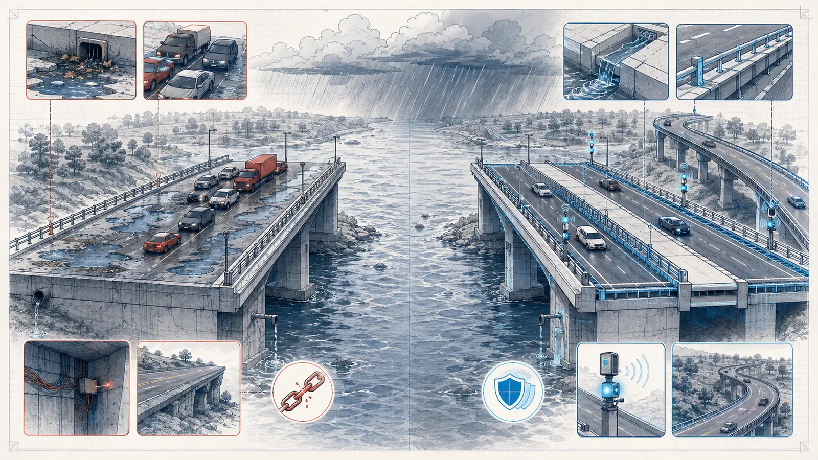 A technical blueprint comparing a fragile bridge under storm stress with a resilient bridge protected by drainage, lane barriers, sensors, and an alternate route.